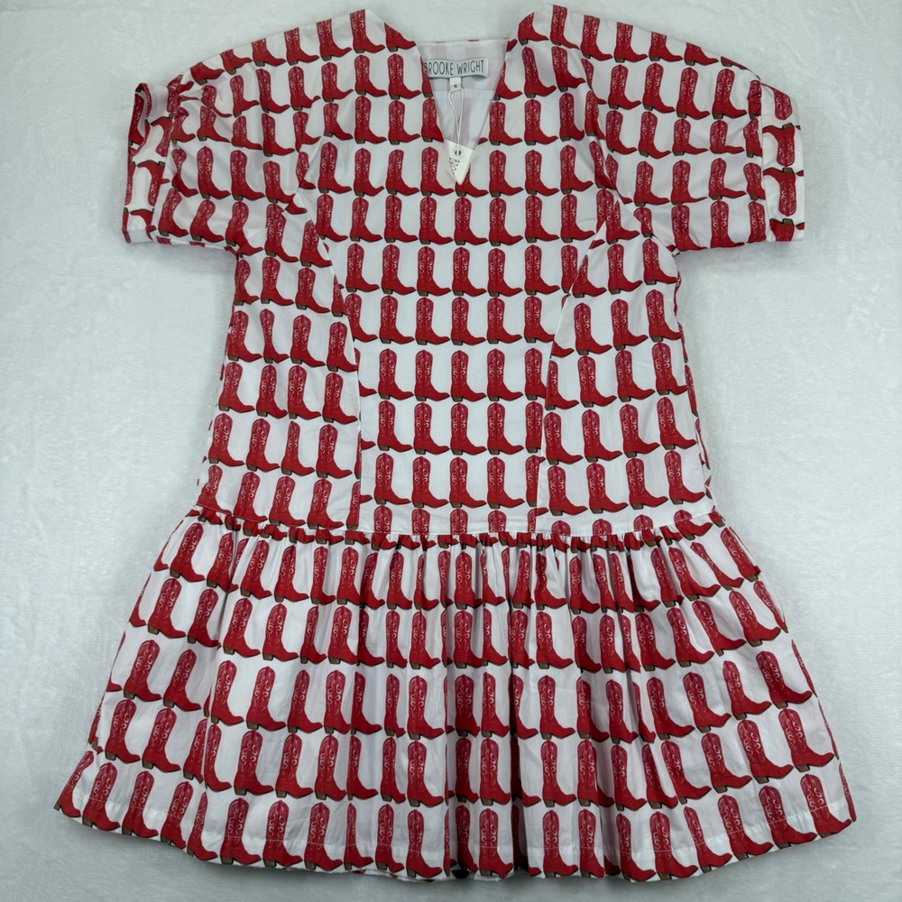 Brooke Wright‎ Lucy Dress Medium White Red Cowboy Boot Cotton Poplin NWT READ